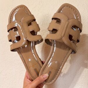 Sam Edelman Patent Leather Bay Slide Sandals in Tan